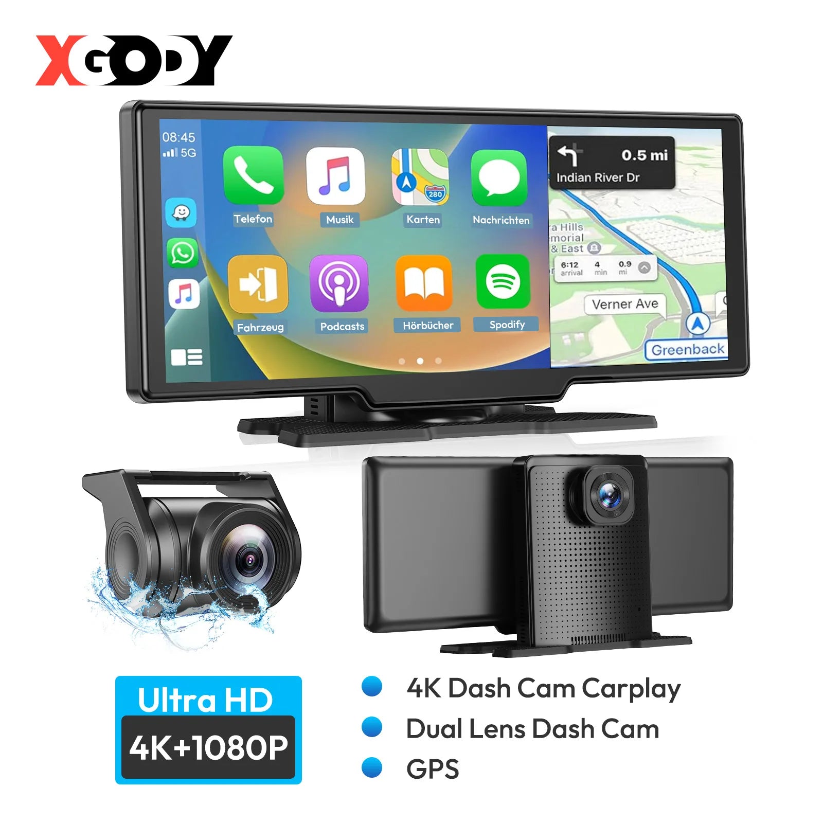 10" 4K Portable Dash Cam with CarPlay & Android Auto